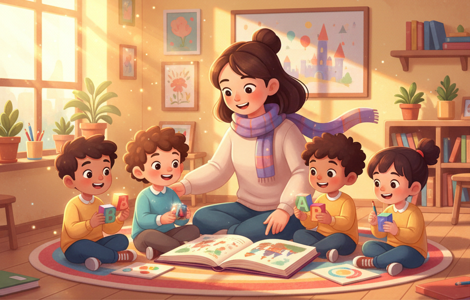Cartoon kids learning happily